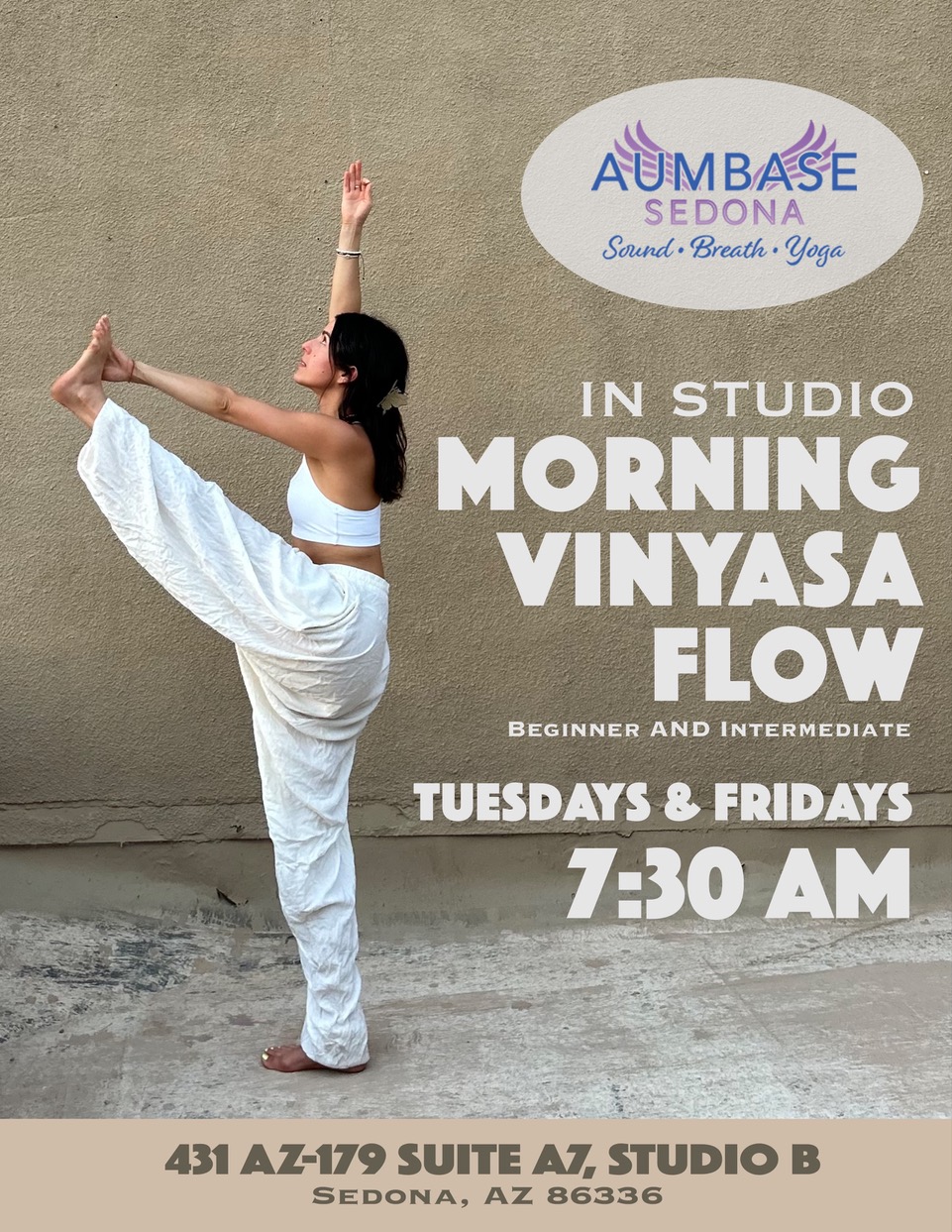 Morning Vinyasa Flow yoga class at Aumbase Sedona studio - Tuesdays and Fridays at 7:30 AM